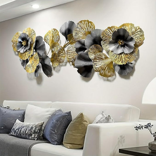 edaknez Extra Large Metal Wall Art, Metal Wall Decor for Living Room, 3D Flower Leaves Wall Decoration, Coastal Nautical Wall Hanging Sculpture, for Indoor Outdoor Black & Gold (B 145x55x6cm)