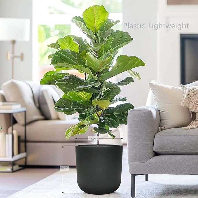 11" H Modern Cylinder Planter, Lightweight Weather & UV Resistant Plastic Plant Pot with Drainage Hole & Rubber Plug, Indoor Outdoor Flower Pot for Home, Garden & Office, Coal Black, 10.4" Pot Opening