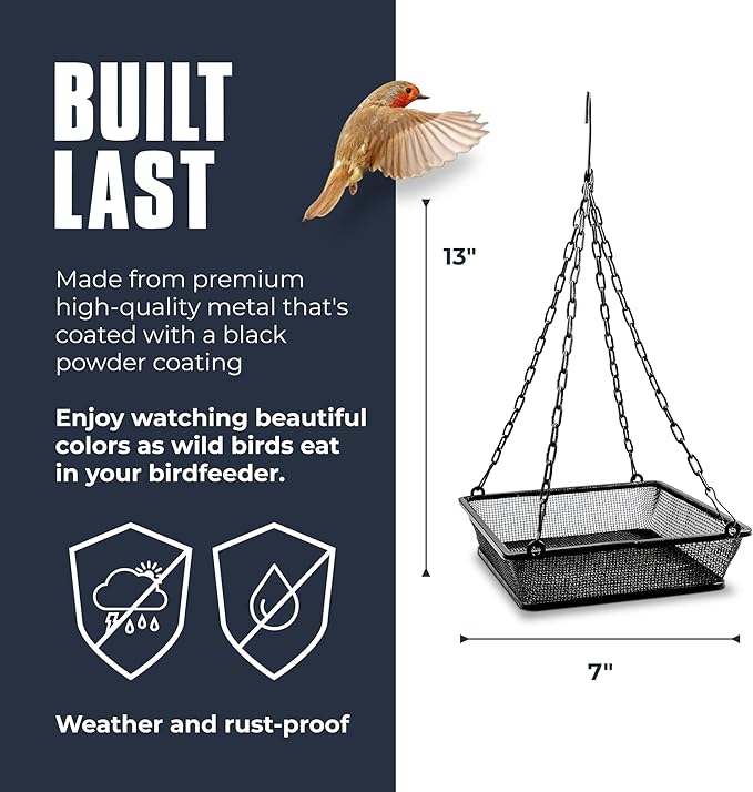 Monarch Abode Hanging Bird Feeder for Outdoors – Hanging Birdfeeder with Iron Mesh Seed Tray for Wild Birds, Matte Black Metal Decorative Wild Bird Feeder for Outside Garden Patio Deck Yard