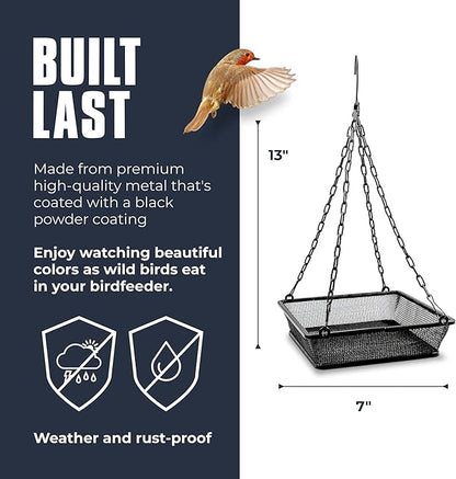 Monarch Abode Hanging Bird Feeder for Outdoors – Hanging Birdfeeder with Iron Mesh Seed Tray for Wild Birds, Matte Black Metal Decorative Wild Bird Feeder for Outside Garden Patio Deck Yard
