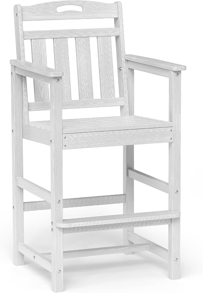 Ciokea Oversized Tall Bar Chair, HDPE Adirondack Outdoor Bar Chair with Footrest, All-Weather Barstool with High Back for Balcony, Bistro, Porch, Deck, Pool, Backyard, White