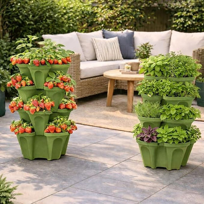 Strawberry Planter Tower, 4 Tier Stackable Vertical Planter, 28 Plant Sites, Space Saving Garden Planter, Indoor Outdoor, Made in USA (4, Sagebrush Green, Small)