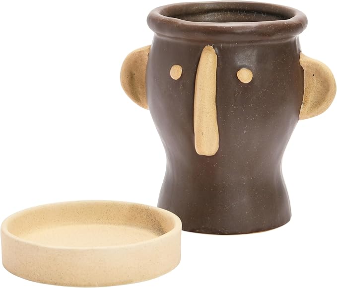 Creative Co-Op Stoneware Face Planter with Saucer, Brown & Cream Color, Holds 4" Pot