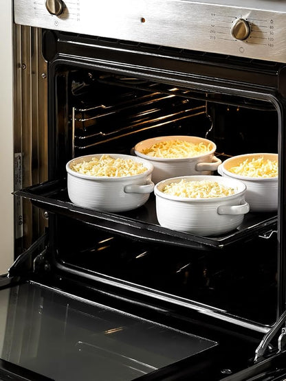 LE TAUCI Soup Bowls with Handles - 22 oz Lead-Free Ceramic French Onion Crocks, Oven and Microwave Safe, Heat-Resistant Design, Stackable, Dishwasher Safe, Set of 4, White
