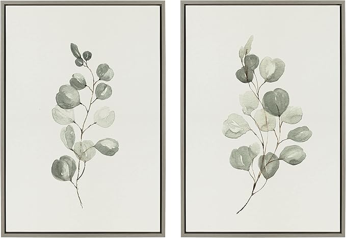 Kate and Laurel Sylvie Eucalyptus 4a & Eucalyptus 4b Framed Canvas Wall Art Set by Maja Mitrovic of Makes My Day Happy; 2 Piece 23x33 Gray; Simple Plant Art Set Wall Décor