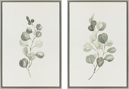 Kate and Laurel Sylvie Eucalyptus 4a & Eucalyptus 4b Framed Canvas Wall Art Set by Maja Mitrovic of Makes My Day Happy; 2 Piece 23x33 Gray; Simple Plant Art Set Wall Décor