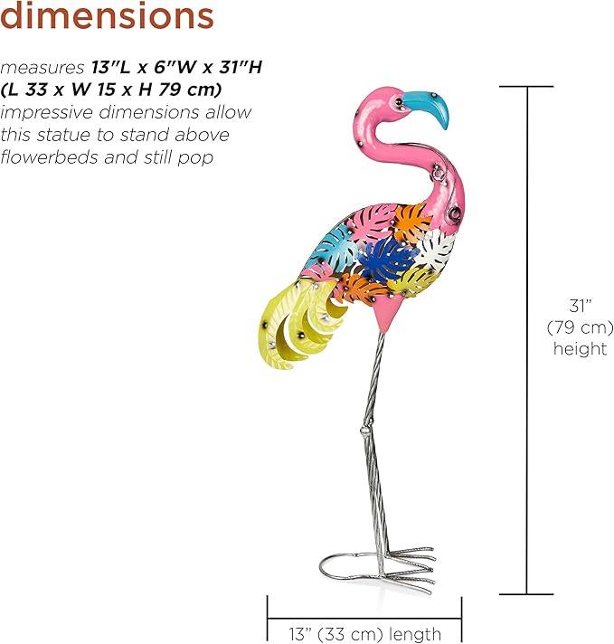 Alpine Corporation LYT276 Outdoor Metal Colorful Art Decor Palm Leaf Body Flamingo for Garden, Patio, Lawn, or Porch, 31" Tall, Multicolor