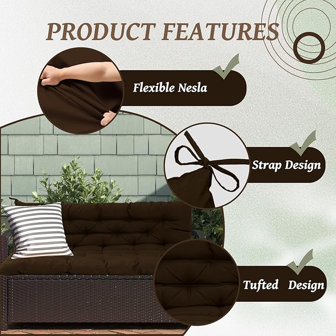 2/3 Seater Swing Replacement Cushion, Waterproof Porch Swing Cushions with Backrest, Thickened Bench Cushions for Outdoor Furniture, for Outdoor Patio Swing (Brown, 40 * 40 in)