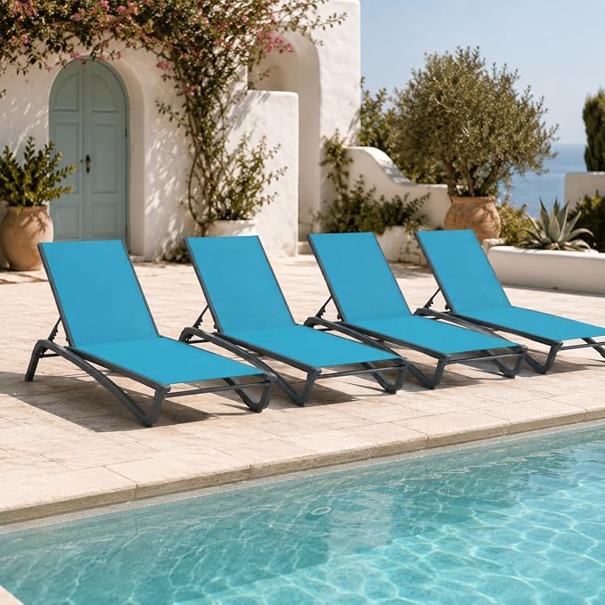 Patio Chaise Lounge Chairs Set of 4, All-Weather Aluminum Pool Loungers for Outside, 5-Position Adjustable Sunbathing Chairs for Tanning, Stackable for Backyard, Poolside, Sky Blue