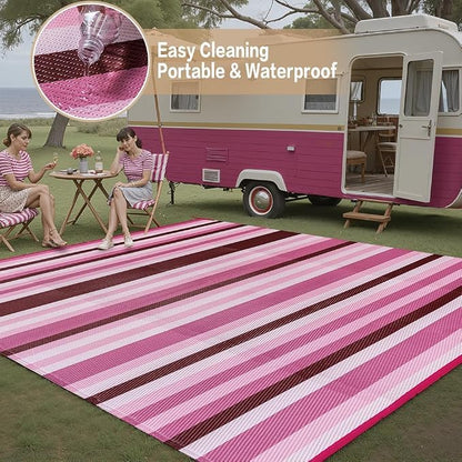 HUGEAR Outdoor Waterproof Rug 9'x12' Plastic Straw Rugs Washable Reversible Floor Mat Pink Stripe Carpet for Camping RV Deck Entryance Porch Picnic Balcony Beach Backyard