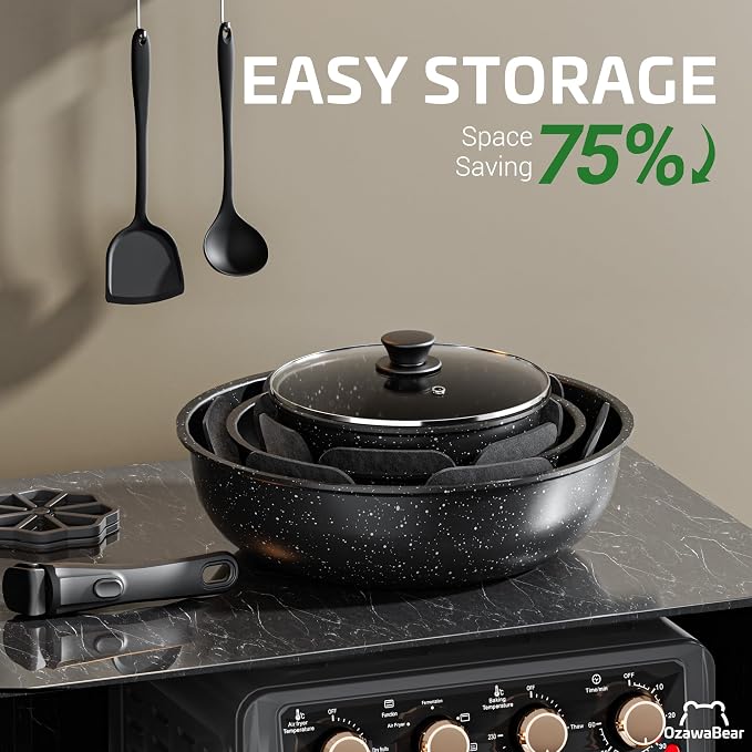 12 Pcs Pots and Pans Set Non Stick, Ceramic Cookware Set Non Toxic with Detachable Handles, Healthy Induction Cookware Oven Safe RV Kitchen Set, PFAS PFOA & PTFE Free, Black