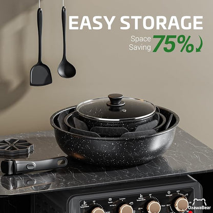 12 Pcs Pots and Pans Set Non Stick, Ceramic Cookware Set Non Toxic with Detachable Handles, Healthy Induction Cookware Oven Safe RV Kitchen Set, PFAS PFOA & PTFE Free, Black