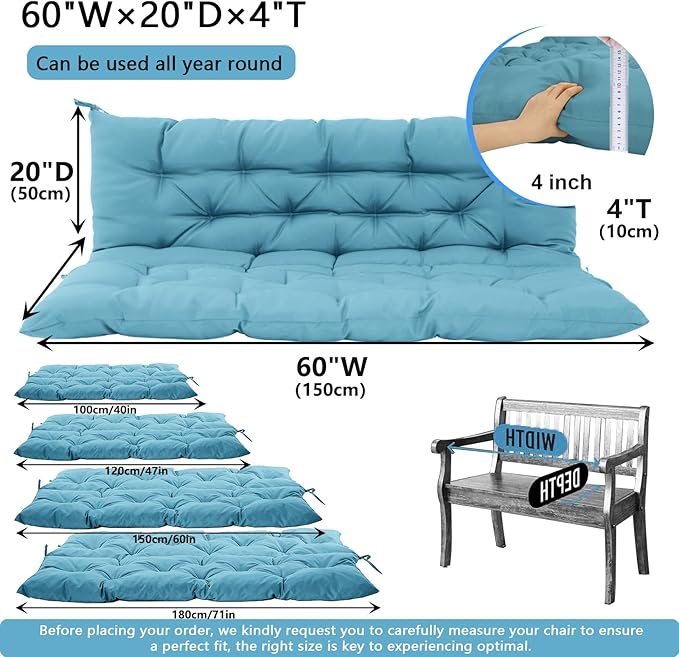 Outdoor Swing Cushions 3 Seater Waterproof, Replacement Bench Cushions for Outdoor Patio Furniture with Backrest, Porch Swing Cushion with Ties for Lawn and Garden (Sky Blue, 40x60in)