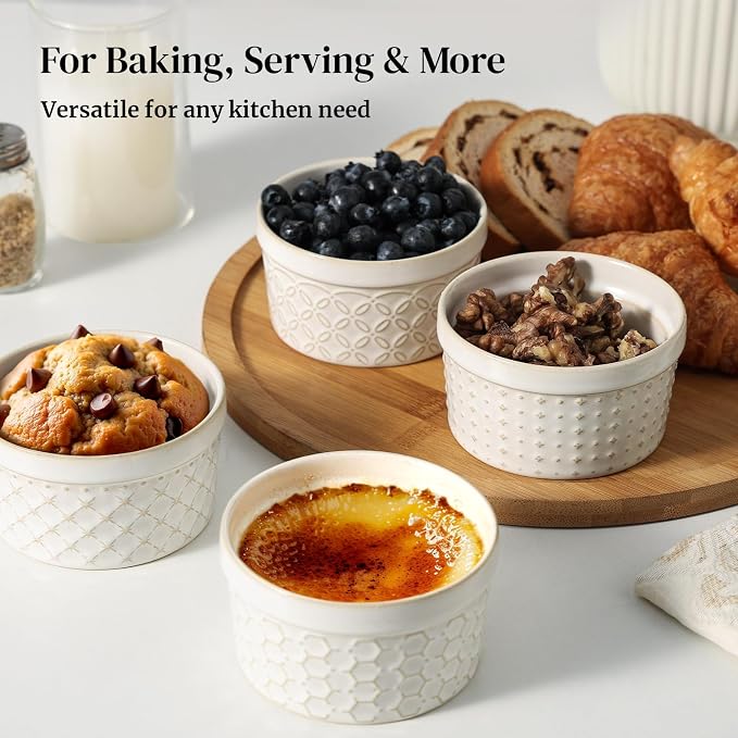DOWAN Ramekins Oven Safe with Lids 6 oz, Charcuterie Boards Bowls Set for Creme Brulee, Souffle, Dipping Sauces, Custard Cups Ceramic Food Storage Containers, Set of 6, Beige