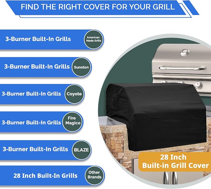 Covers & All Built-in Grill Cover for Outdoor Grill – Heavy Duty 12 oz Waterproof Built-in BBQ Grill Cover, PVC-Coated Polyester with Elastic Hem for Snug Fit (42 x 28 x 14 inches, Black)