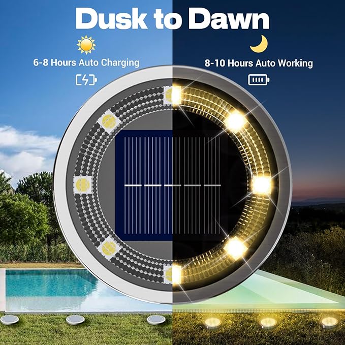 Solar Ground Lights,24 Pack Flat Solar Light Outdoor Waterproof, Bright LED Solar Disc Lights, 3000K Warm White Landscape Lighting for Outside Yard Garden Pathway Driveway Lawn