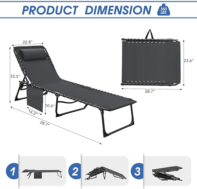Flamaker Foldable Chaise Lounge Chair 5-Position Adjustable, Tanning Chair with Side Pocket, Outdoor Sunbathing for Pool, Beach, Patio, Lawn, Indoor Recliner Chair for Napping(Grey, 1 Pcs)