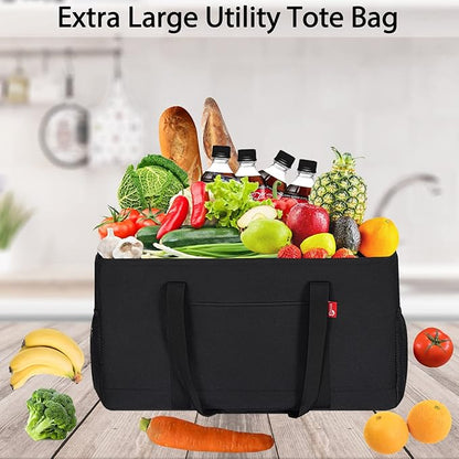 Extra Large Utility Tote Bag, Foldable Reusable Grocery Bags, Collapsible Tote with Metal Wire Frame & Reinforced Bottom Board, Stand up Large Utility Tote for Groceries, Shopping, Storage