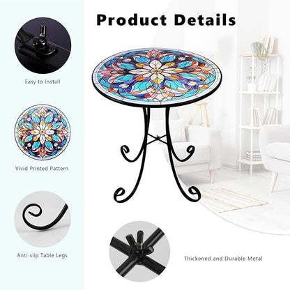 Mosaic Side Table Outdoor, 18 Inch Metal Accent Table, Indoor Small Round End Tables, Plant Stand Tables for Patio Yard Balcony Garden Bedside