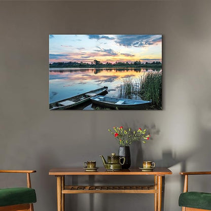 ArtSquare Lake Sunset Canvas Wall Art: Large Forest Landscape Scenery Prints Nature Green Water Reed Painting Wilderness Boat Shore Gallery Artwork Sunrise Skyline Scene Picture for Living Room