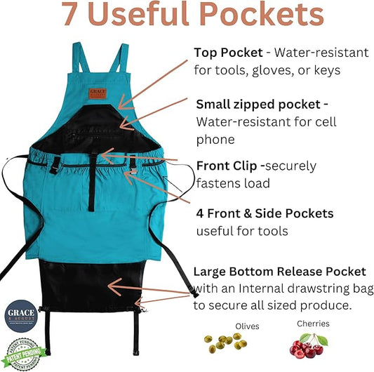 Gardening Apron with Pockets for Women & Men - Garden Apron 7 Pockets & Internal Drawstring Bag - Great Gift