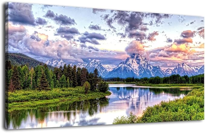 arteWOODS Landscape Canvas Wall Art Nature Picture Oxbow Bend Grand Teton National Park Modern Canvas Artwork River and Forest Contemporary Wall Art Large Size for Home Office Decoration 24" x 48"