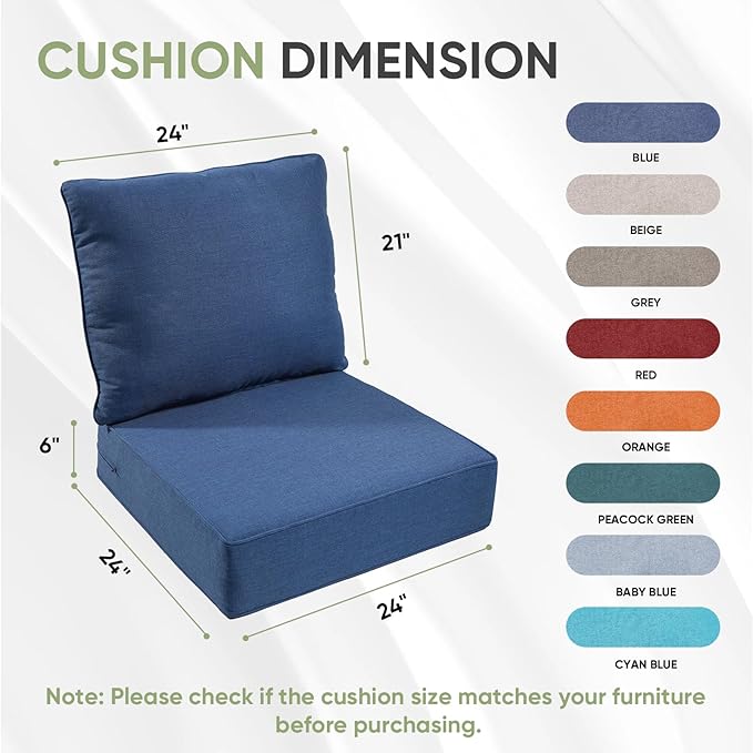 Outdoor Chair Cushion Set, 24x24 Waterproof Patio Chair Cushion, 6" Thickened Seat Cushion for Outdoor Chair and Couch, Include 1 Seat Cushion and 1 Back Pillow, Thick/Blue