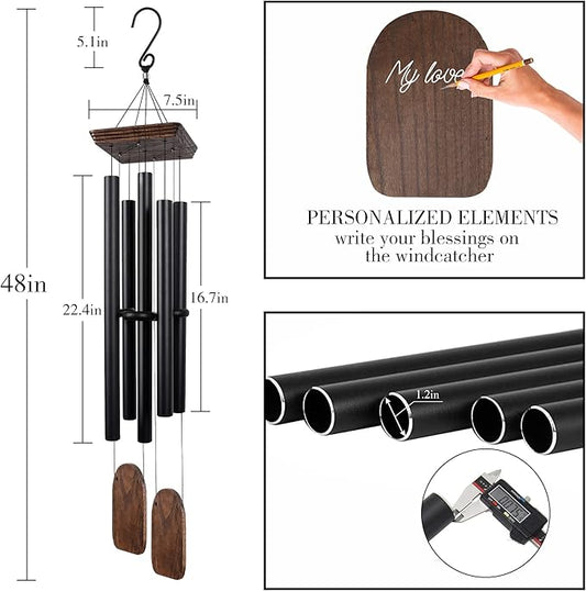 48" Large Wind Chimes for Outside Deep Tone, Wood Wind Chimes Outdoor Clearance, Memorial Gifts for Mother's Day and Christmas, Outdoor Decor for Garden, Patio, Yard(Big Wind Chime, Black)