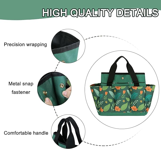 Waterproof Garden Tool Bag, 600D Oxford Portable Gardening Tote with Handle & Multi Pockets, Ideal Gifts for Parents Women (Green Flower, Tools Not Included)