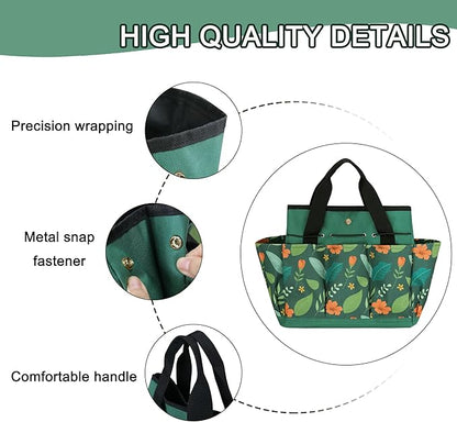 Waterproof Garden Tool Bag, 600D Oxford Portable Gardening Tote with Handle & Multi Pockets, Ideal Gifts for Parents Women (Green Flower, Tools Not Included)