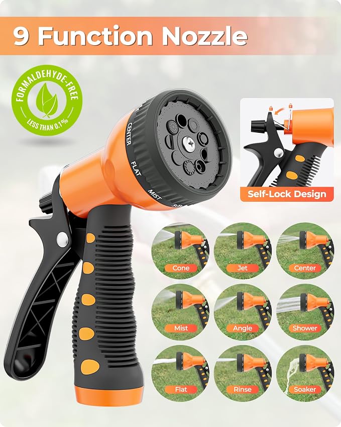 Ayleid Retractable Rubber Hybrid Garden Hose Reel, 5/8"x100ft Wall Mount | Anti-freeze, kink-free premium rubber hybrid hose, 24-month warranty, 9-pattern sprayer, any-length lock, slow auto-return.