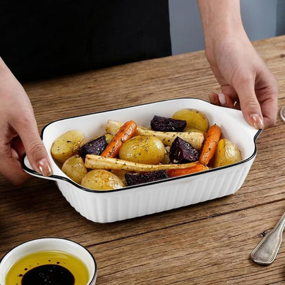 IJRPLM Small Baking Dishes Set of 4, 34 Oz Ceramic Baking Dish, Rectangular Ceramic Casserole Dishes with Handle, White Porcelain Bakeware for Cakes,Desserts, Oven Safe & Microwave Safe, 8.1x5.7x2''