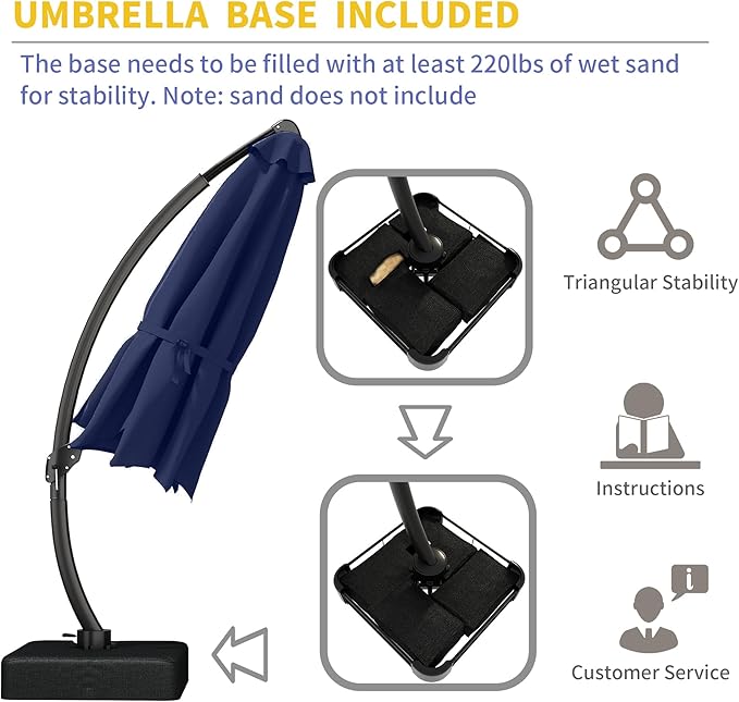 Kingdura 11ft Offset Cantilever Patio Umbrella with Solar Lights, Large Round Outdoor Umbrella with Base Included, Aluminum Frame, 360° Rotation & Infinite Tilt for Deck Pool Backyard, Dark blue