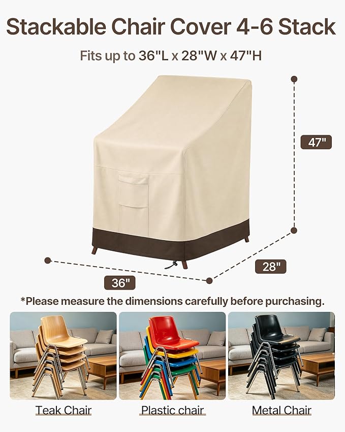 Vailge Stackable Patio Chair Cover,100% Waterproof Outdoor Chair Cover, Heavy Duty Lawn Patio Furniture Covers,Fits for 4-6 Stackable Dining Chairs,2 Pack-36"Lx28"Wx47"H,Beige&Brown