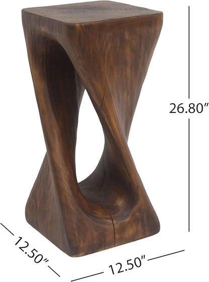 GDFStudio Outdoor Side Table, Twist Shape End Table, Decorative Accent Garden Stool Table, Lightweight Concrete Patio Table with Wood-Like Texture,Sculptural Design for Balcony,Poolside,Antique Brown