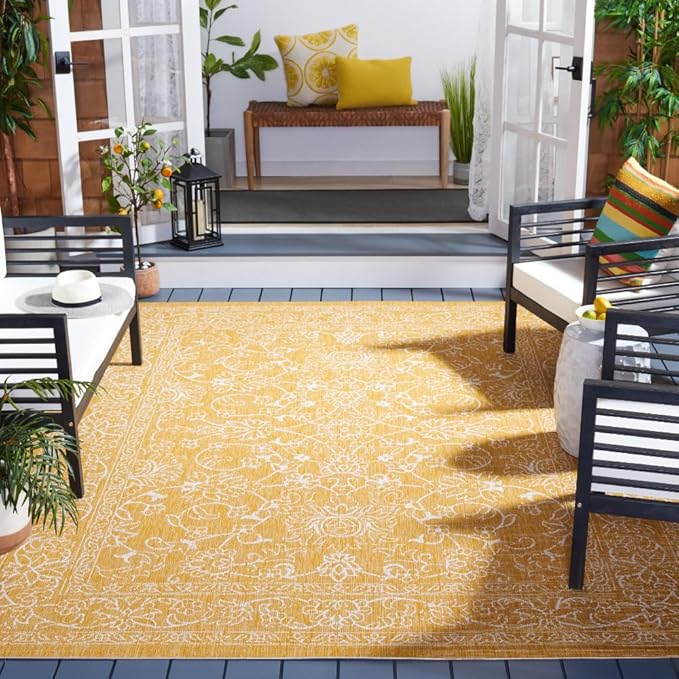 SAFAVIEH Washable Rug Outdoor Courtyard Collection - 9' x 12', Gold & Ivory, Non-Shedding & Easy Cleaning, Ideal for Patio, Backyard, Mudroom (CY8680-56021)