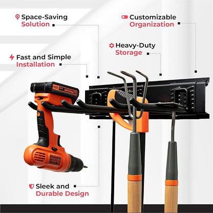 TIDYME Garage Tool Organizer Wall Mount - 80 inches - Sturdy Storage Rack with Adjustable Hooks, Anti-Rust - Easy Installation, 500lbs Capacity - Garden Tool Organizer (05 Racks & 10 Hooks)