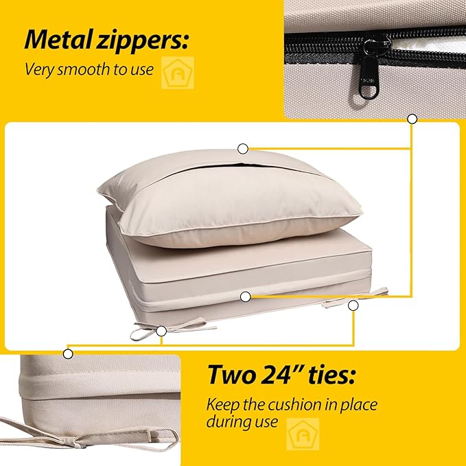 AAAAAcessories Outdoor Seat Cushions for Chairs, Fade-Resistant, Waterproof Patio Furniture Replacement Cushions, 24" x 24" x 5" + 24" x 19", Sandstone Beige