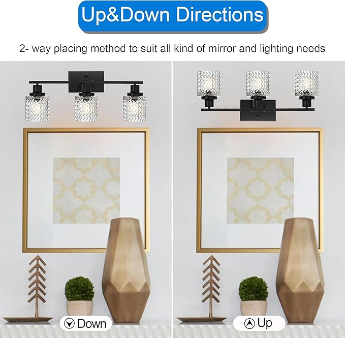 MELUCEE 3 Lights Modern Bathroom Light Fixtures Black Vanity Lights Indoor Wall Mounted Light with Hammered Glass Shade Suitable for Bathroom Living Room Hallway