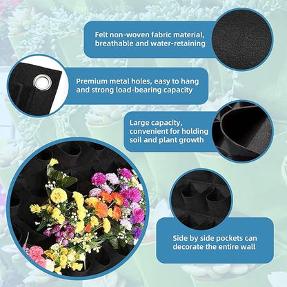 64 Pockets Hanging Planter Bags, Hanging Vertical Wall Mounted Plant Planting Grow Bags, Herb Garden Planter Outdoor Indoor Growing Bag, Gardening Vertical Greening Flower Container(1m×1m, Black)