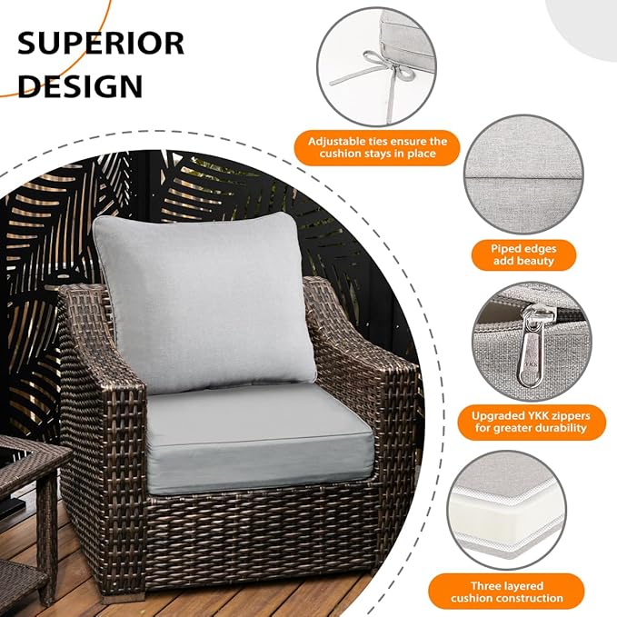 Sundale Outdoor Olefin Deep Seat Cushion Set of 2, Patio Chair Cushion and Pillow, Water-Resistant Sectional Sofa Pad with Straps Light Gray, 23 x 26 x 6 Inches