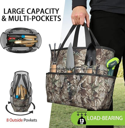 Green Camo Garden Tool Bag - Waterproof Garden Tote with 8 Pockets, Large Storage Home Organizer Gardening Tool Oxford Bag for Garden Tools Kits Holder, Ideal Outdoor Gardening Gift for Women & Men