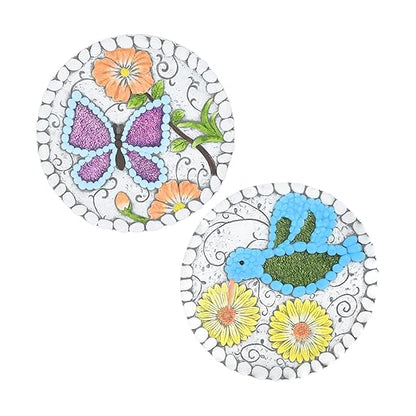 Garden Stepping Stones Set of 2 Butterfly Outdoor Garden Decor 10 inch Round Decorative Stones Pavers for Garden Walkway Landscaping, Hummingbird Gifts (N6-YYD334)