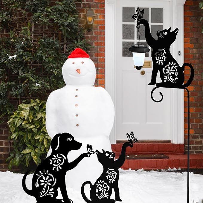 Cat Solar Lights Outdoor Garden Decoration, Cat Garden Statues, Outdoor Metal Decorative Stakes with Solar Lantern for Lawn Yard Pathway Patio Gardening Gifts