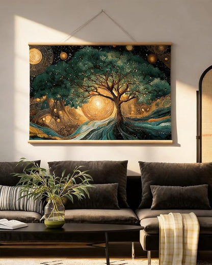 VIYYIEA Extra Large Canvas Wall Art, Tree of Life Abstract Wall Hanging with Wooden Scroll Frame, Spiritual Nature Decor for Living Room Bedroom Meditation Space, 36x54 Inch