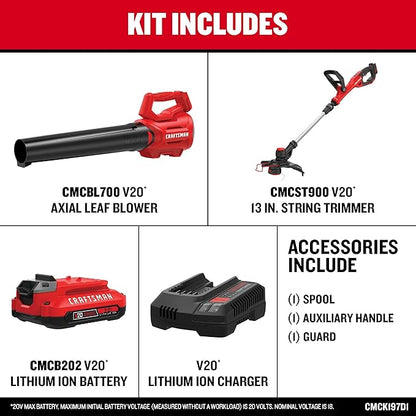 CRAFTSMAN V20 Weed Wacker and Leaf Blower Cordless Combo Kit, Includes 2.0 Ah Battery and Charger, 13 in. String Trimmer and Edger, 90 Mph Blower (CMCK197D1)