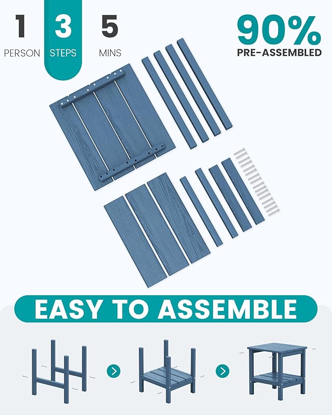 SERWALL 2-Tier HDPE Outdoor Side Tables Set of 4, Weatherproof Rectangular Adirondack Side Table, Blue