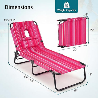 GYMAX Tanning Chair, Folding Lounge Chairs with Face Hole & Cover, Removable Pillow Carry Handle, Portable Compact Outdoor Layout Recliner for Beach, Poolside, Lawn, Patio, Camping (Pink Stripe,1)