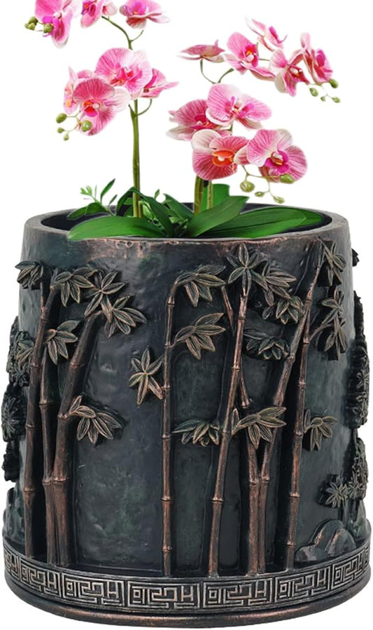 Flower Pot, 6 Inch Resin Plant Pots with Bamboo Design, Chinese Antique Style Decorative Plant Pots with Drainage for Indoor Plants Home Office Decor