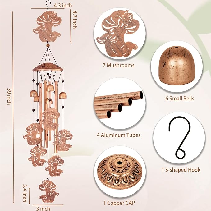 Mushroom Wind Chimes for Outside, Metal Windchimes Outdoors, Mushroom Gifts for Women/Men, Memorial/Birthday Gifts, Garden Decor for Outside, Patio or Yard, Durable Chimes for Outdoors